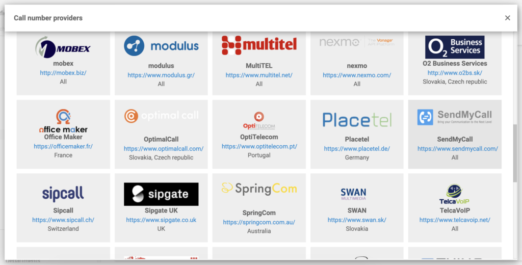 SendMyCall in de lijst met VoIP-providers in LiveAgent-configuratie