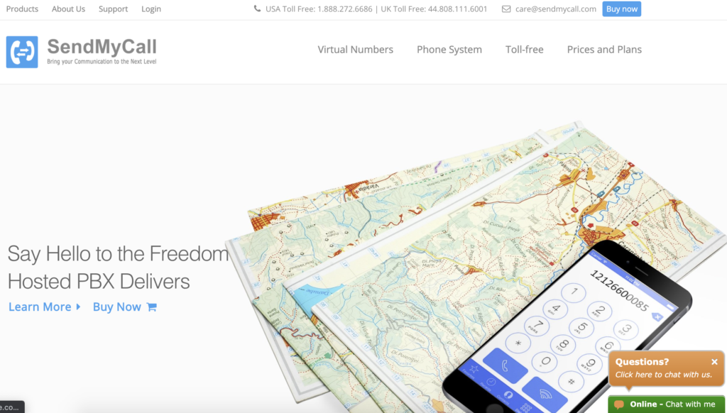 SendMyCall-homepage met knop Nu kopen in de rechterbovenhoek