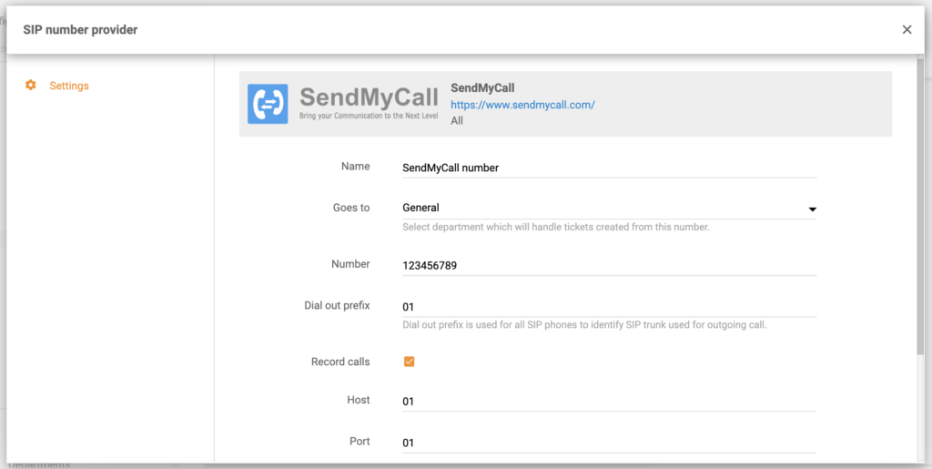 SendMyCall-nummerconfiguratie in LiveAgent