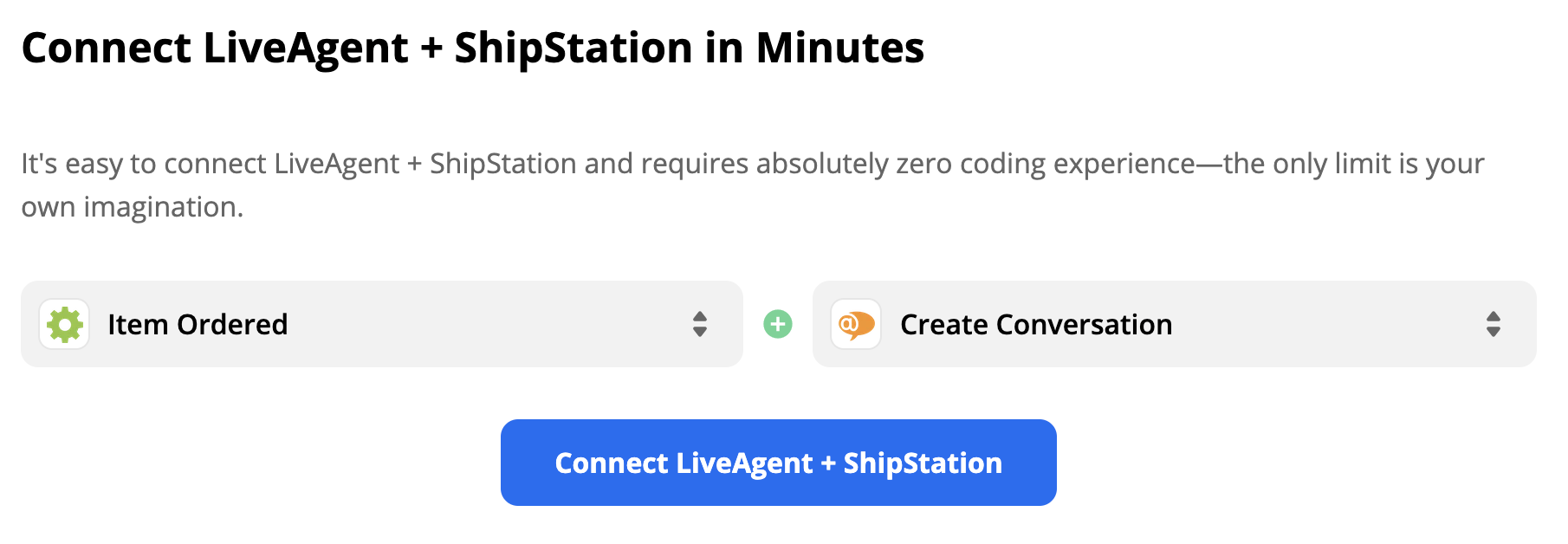Een ShipStation-trigger Item Ordered en een LiveAgent-actie Create Conversation in Zapier-integratiekeuze