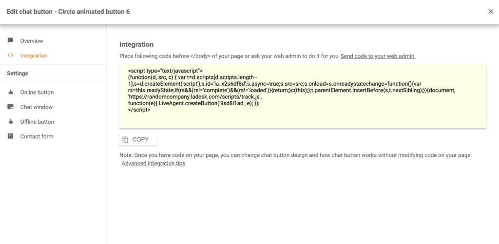Silverstripe chatknop integraatiecode in LiveAgent