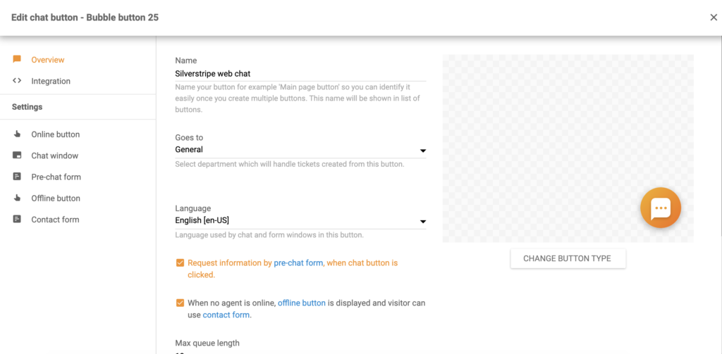 Silverstripe chatknop configuratie in LiveAgent