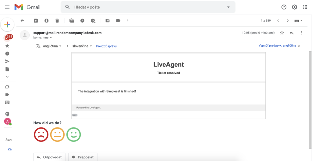 LiveAgent-bericht met Simplesat-feedback in Gmail-inbox