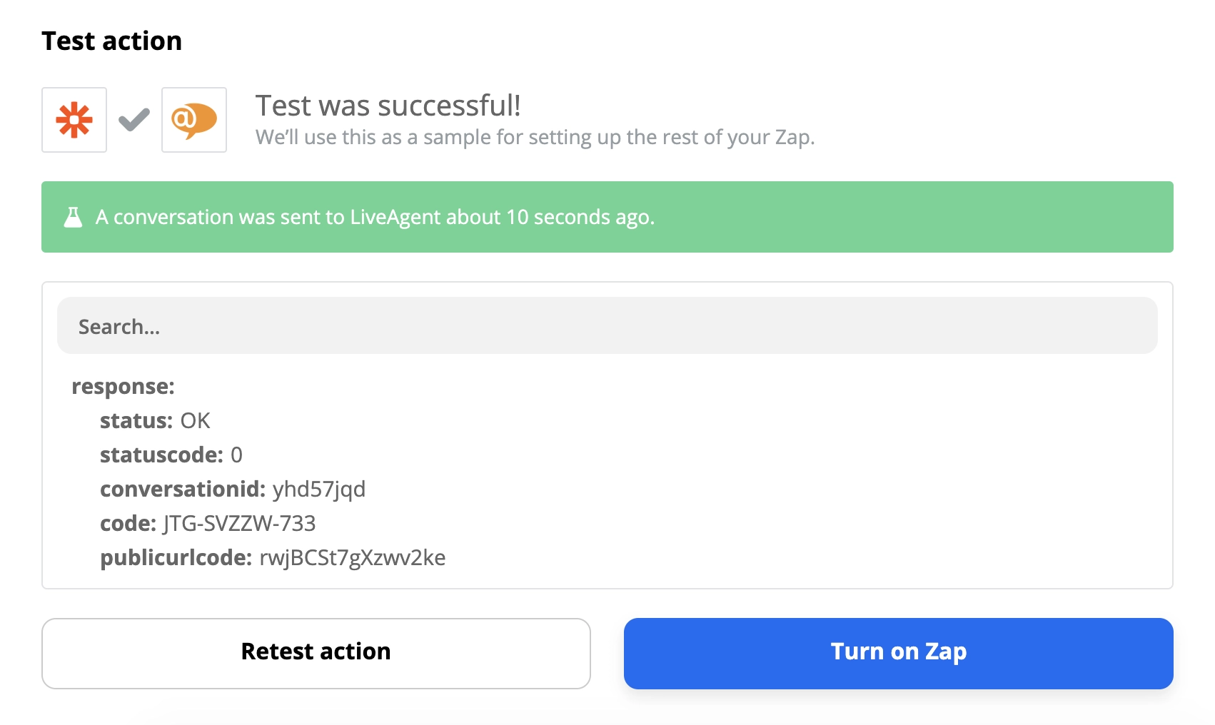 Succesvolle test van een LiveAgent- en Slack-integratie op Zapier