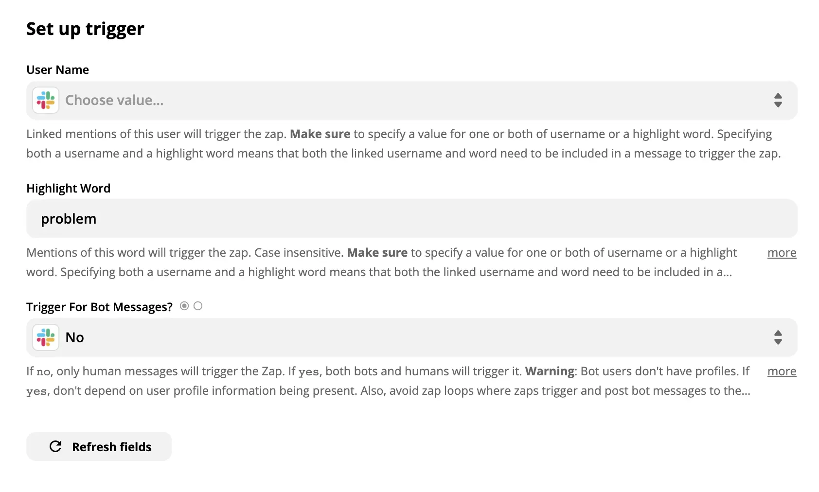 Voorbeeld van een Slack-triggerinstellingen op Zapier