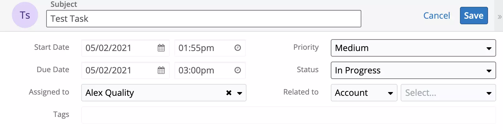 Nieuwe taak is aangemaakt in SugarCRM