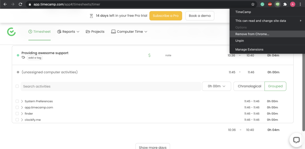 Timecamp-pluginopties in Google Chrome