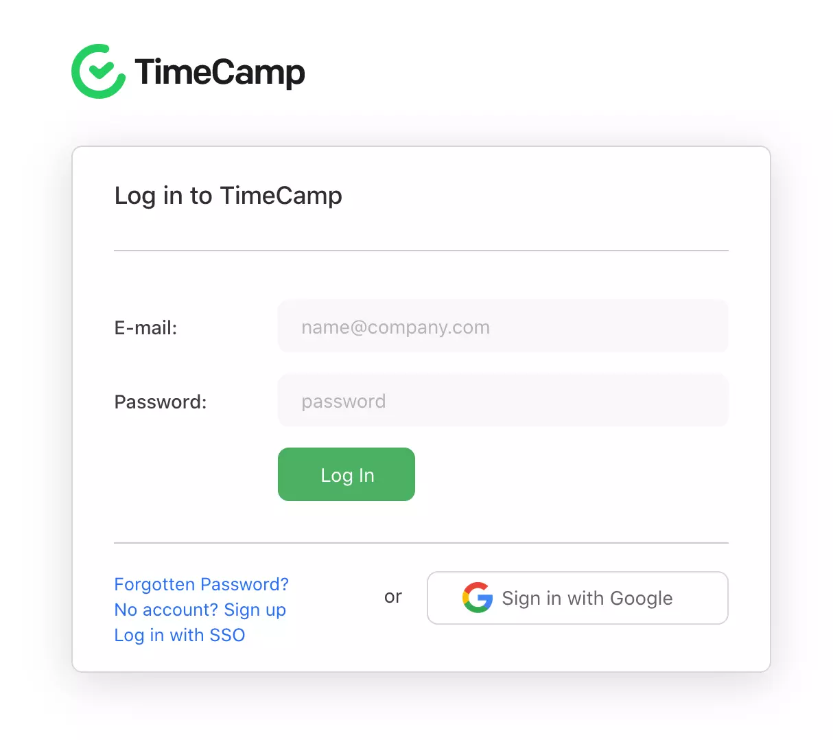 TimeCamp-aanmeldingspagina
