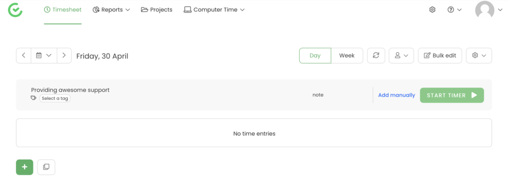 TimeCamp-projectselectie met starttimer