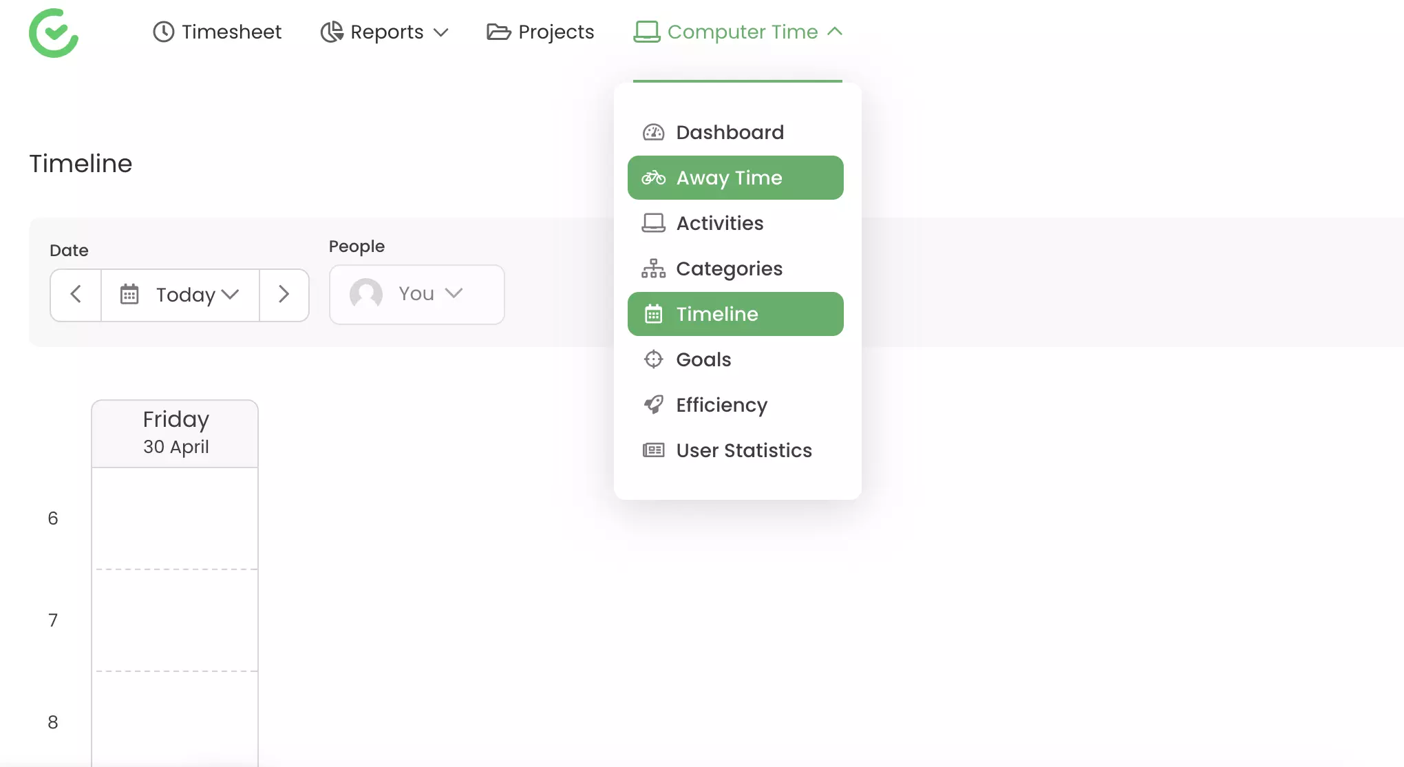 Traceringsfuncties zoals afwezigheid en tijdlijn zichtbaar in TimeCamp