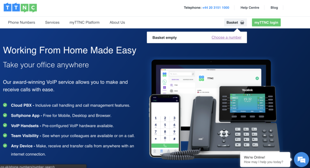 TTNC website met mandje en kies een nummer optie rechtsboven