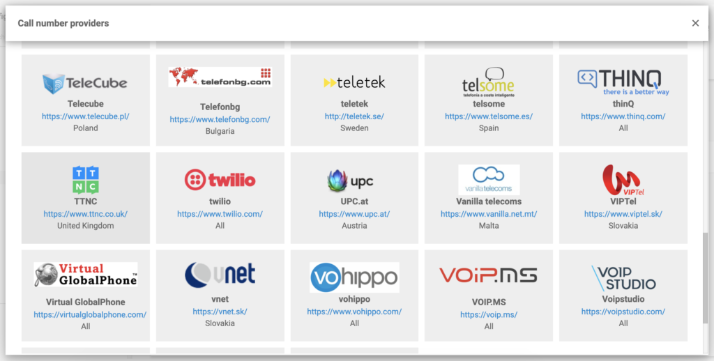 TTNC in de lijst met VoIP-providers in de LiveAgent-configuratie