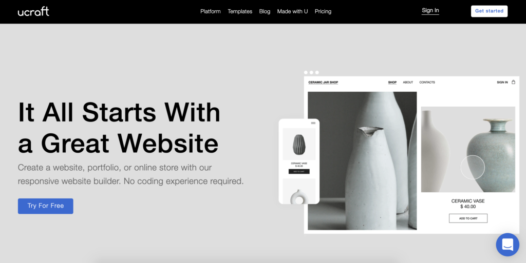 Ucraft homepage met Get Started-knop rechtsboven