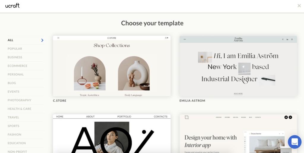 Ucraft sjabloonselectiescherm met meerdere sjabloonopties