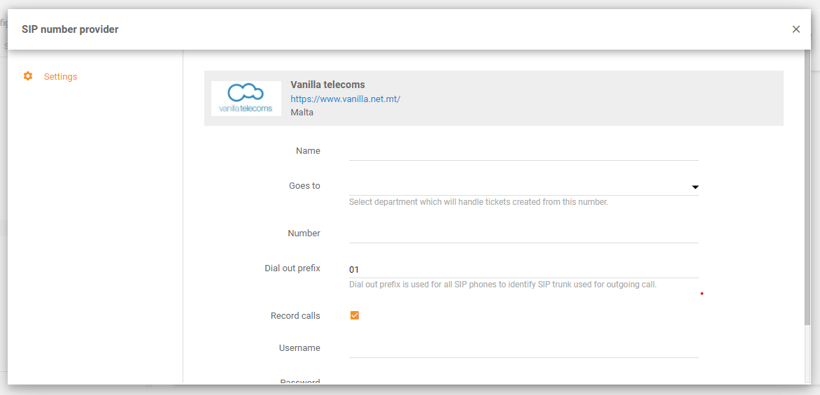 Vanilla Telecoms-integratie in LiveAgent