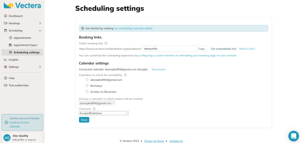 Vectera Scheduling meetings settings met de optie om een insluitbare link te krijgen