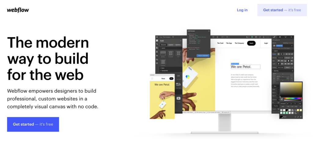 Webflow-startpagina met proefversieoptie rechtsboven