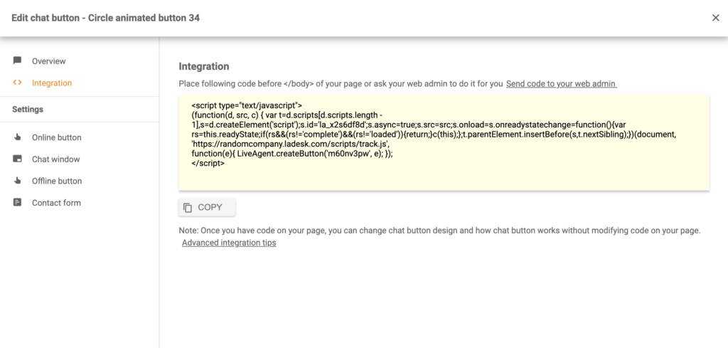 Chatknopcode na succesvolle configuratie in LiveAgent