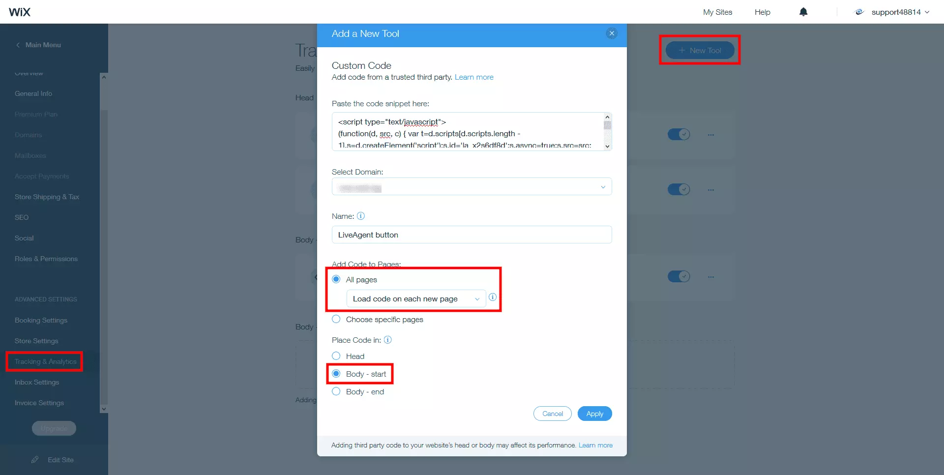 Plaats de LiveAgent live chat code in de Wix site body