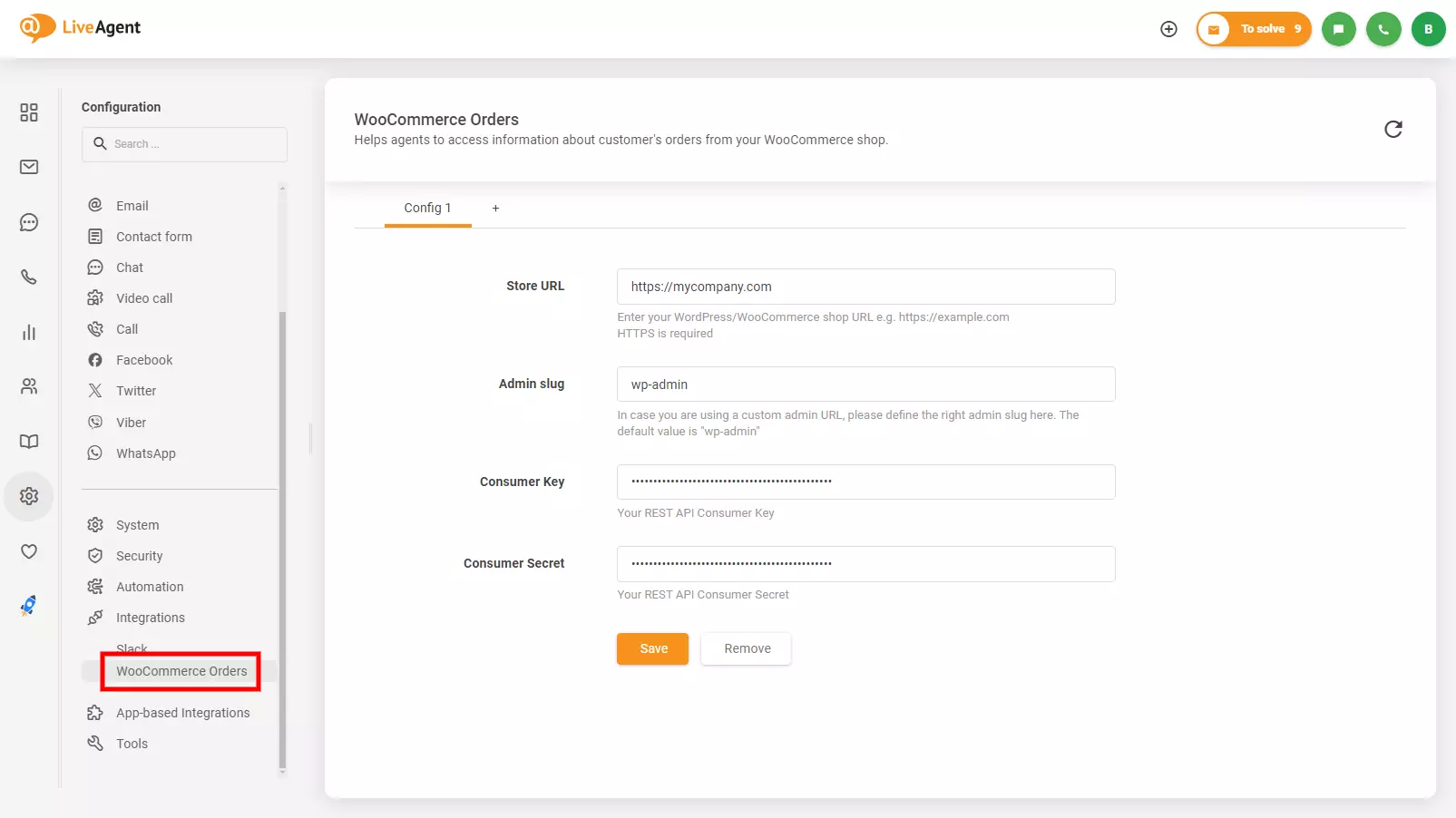 Afbeelding met de WooCommerce-integratieconfiguratie in LiveAgent