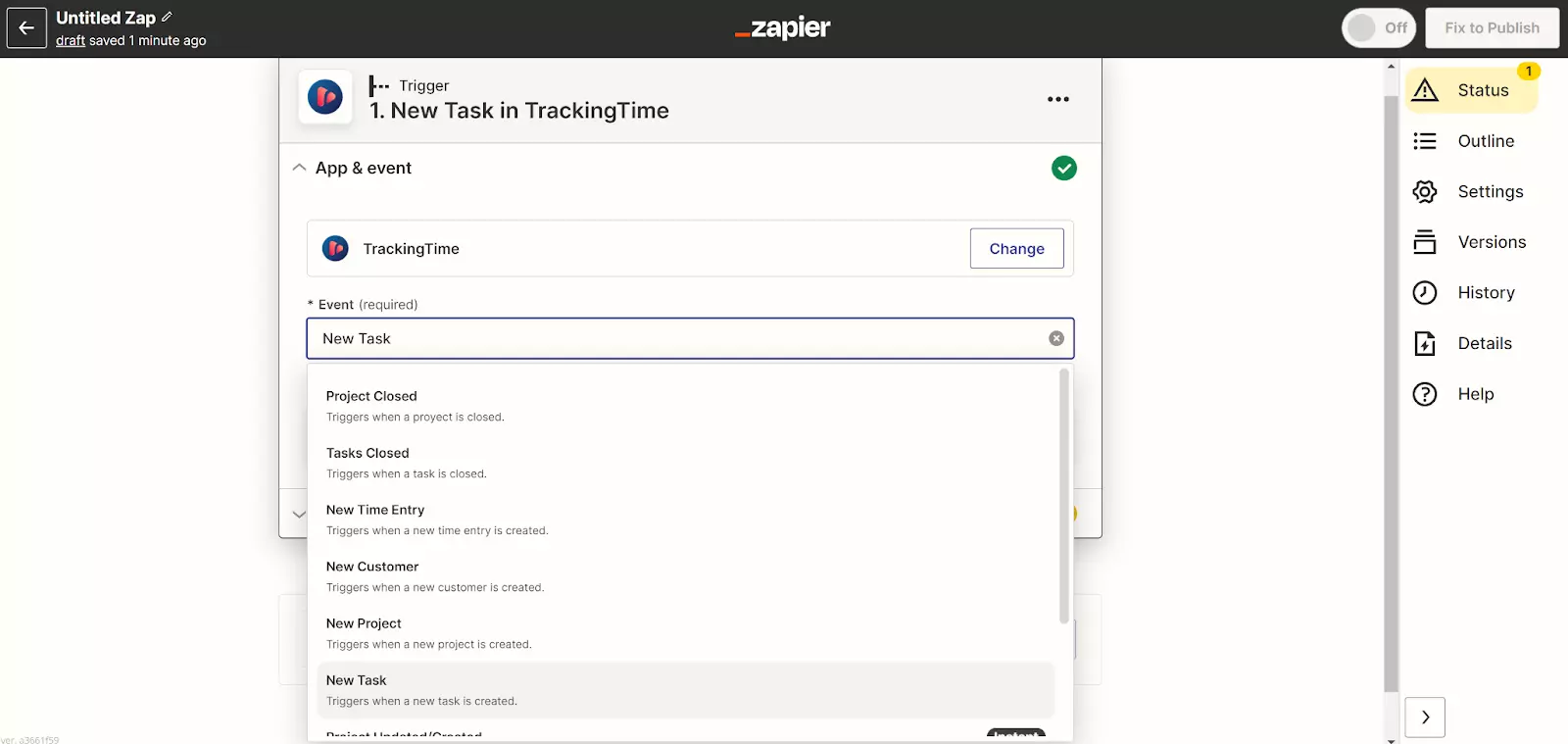 Zapier - nieuwe taak in TrackingTime