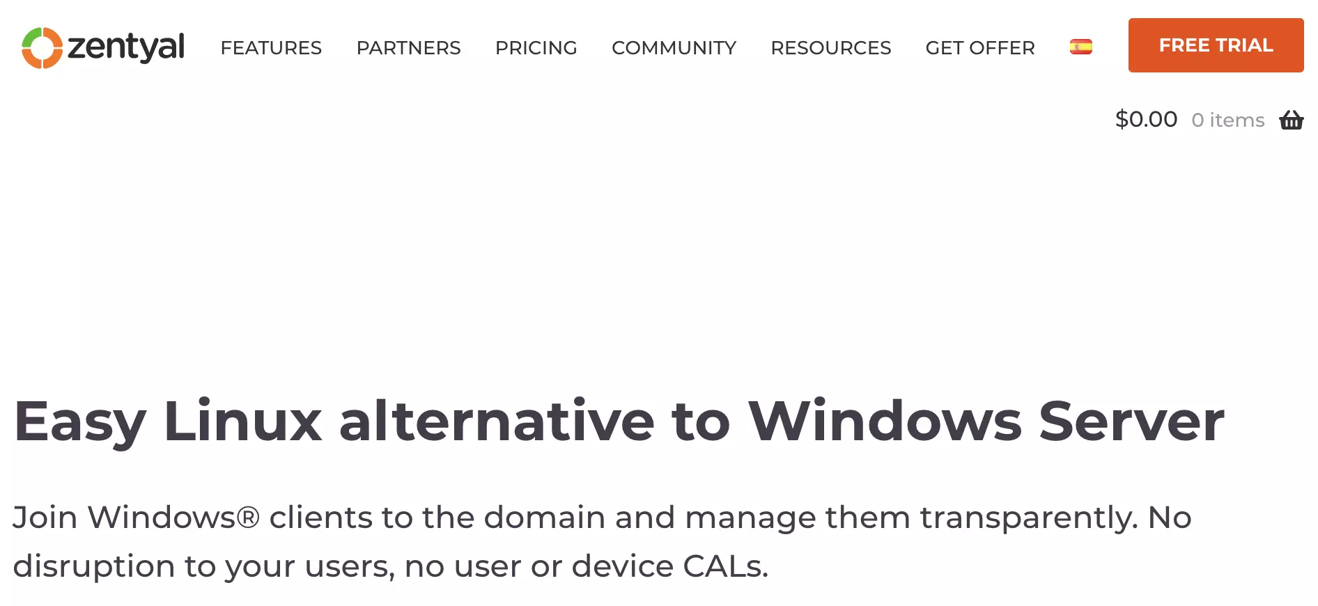 Zentyal-homepage met subpagina's en informatie