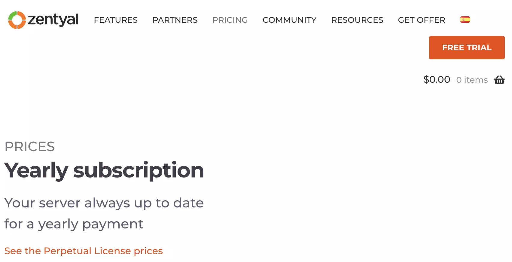 Zentyal betaalde plannen sectie op de Zentyal-website