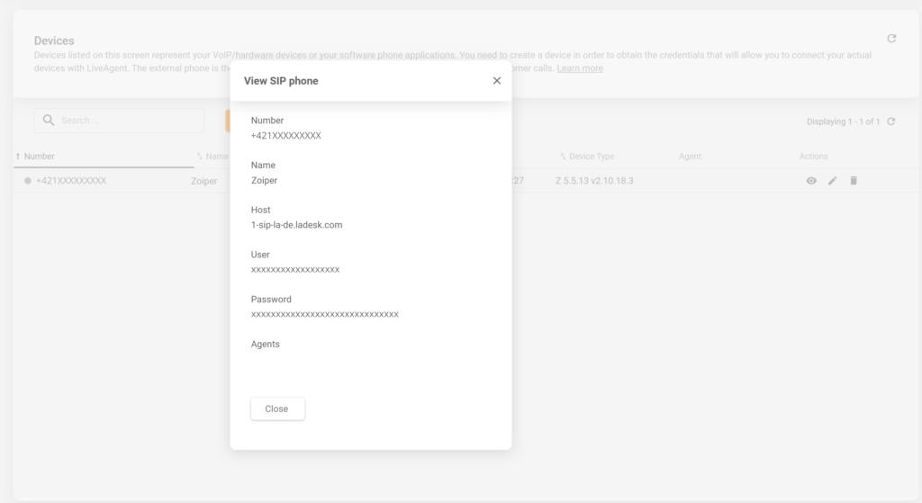 Een afbeelding die laat zien waar je SIP-apparaatgegevens in LiveAgent kunt vinden