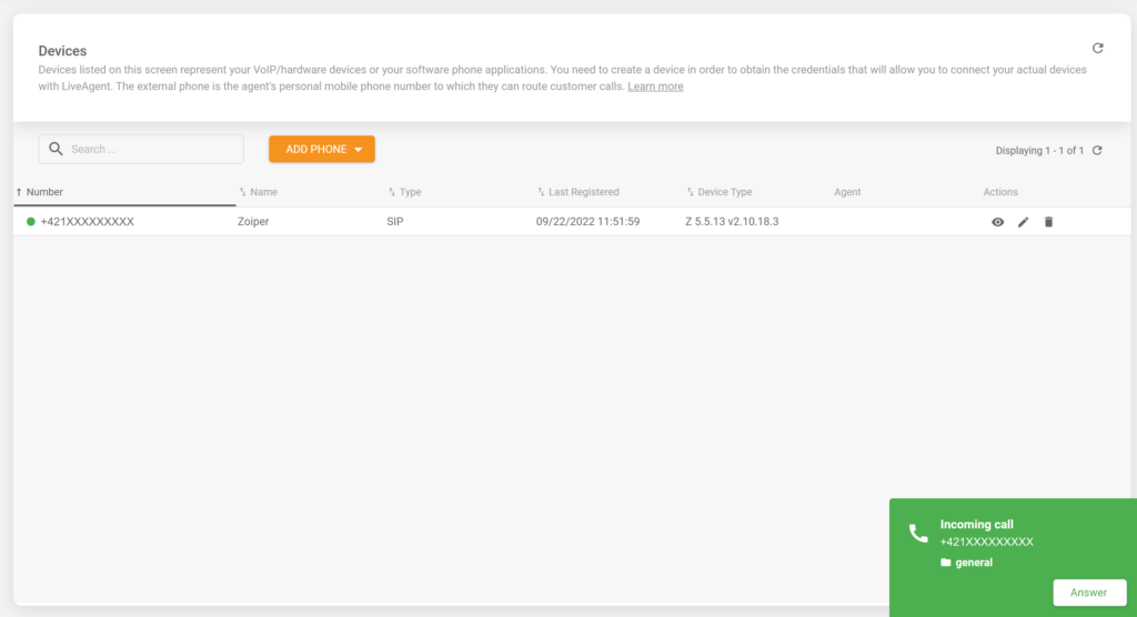 Een afbeelding die een inkomende oproep toont in een succesvol geïntegreerde Zoiper softphone met LiveAgent help desk-software