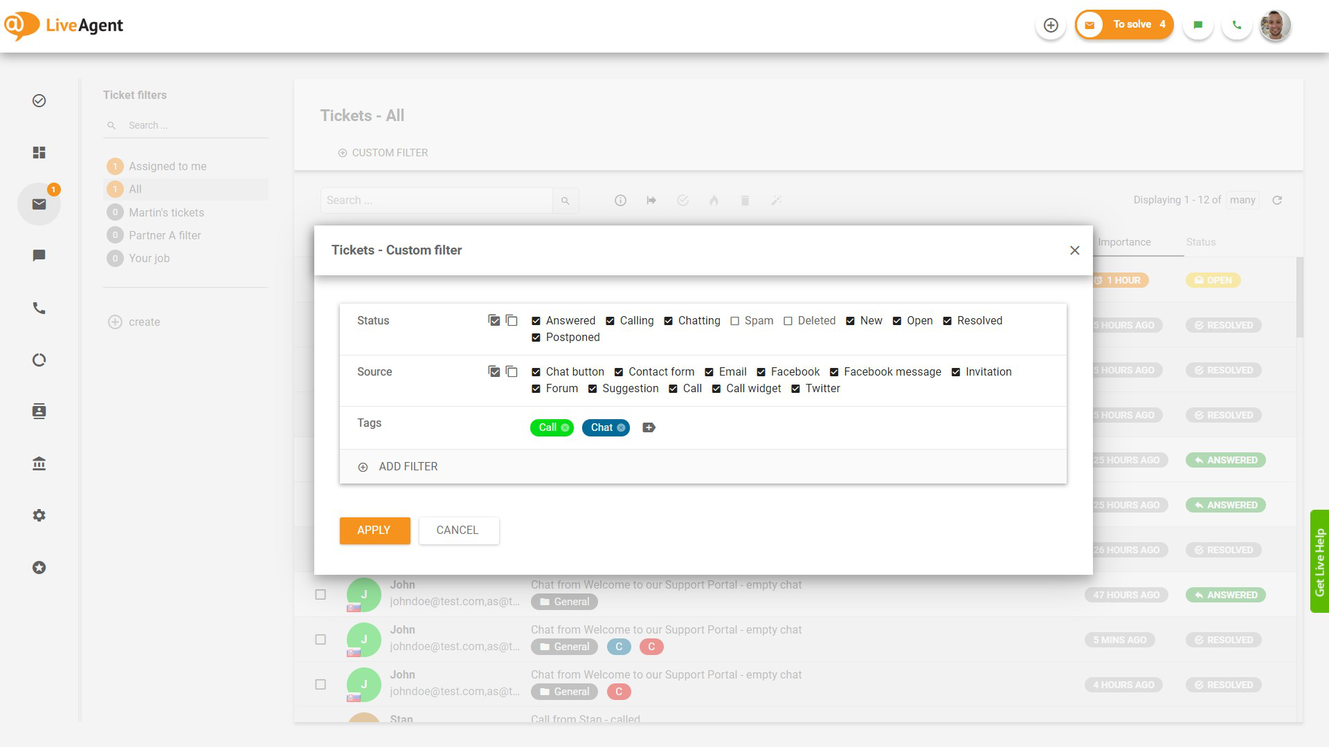 Tickets filteren op tags-functie in LiveAgent