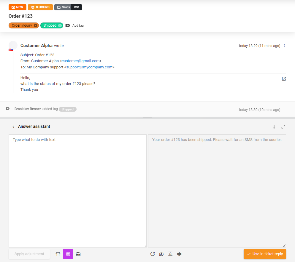 AI Answer Assistant-tool in gebruik voor een ticketreactie.