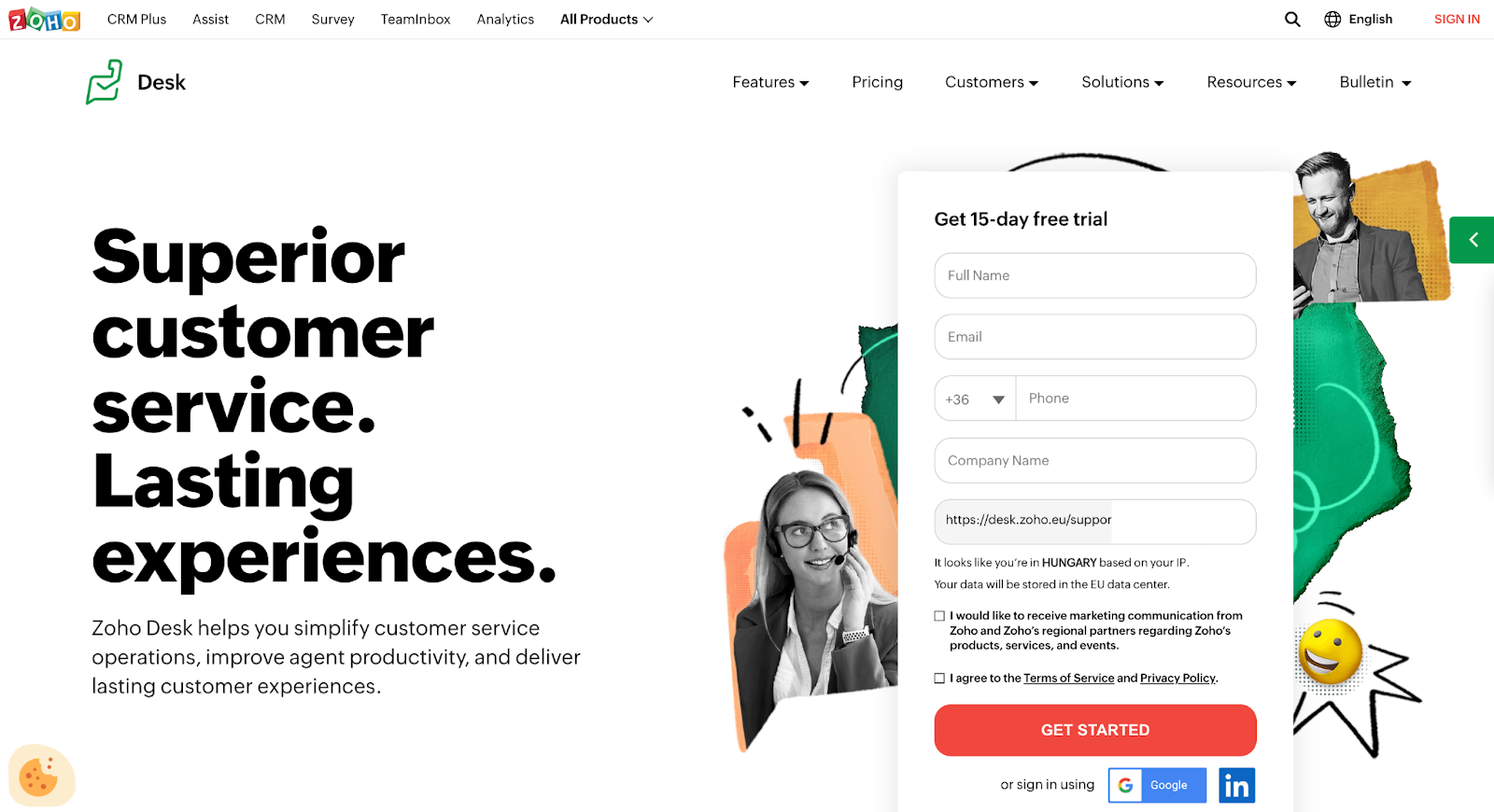 Indeling van de Zoho Desk startpagina met overzicht van functionaliteiten