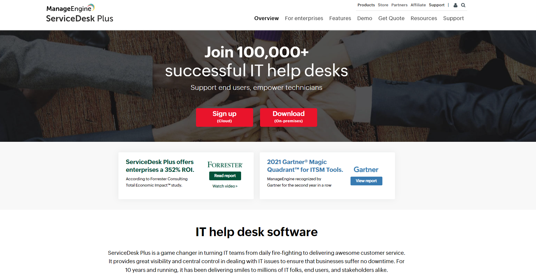 ManageEngine Service Desk Plus IT ticketingsoftware homepage