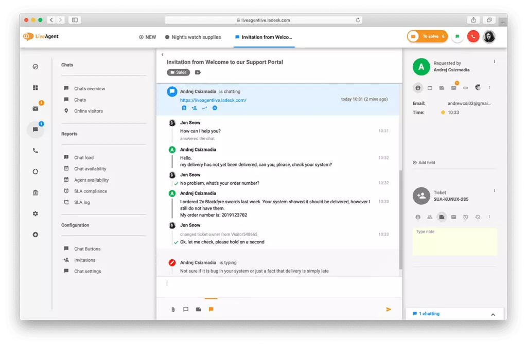 Overzicht van de livechatinterface in LiveAgent.