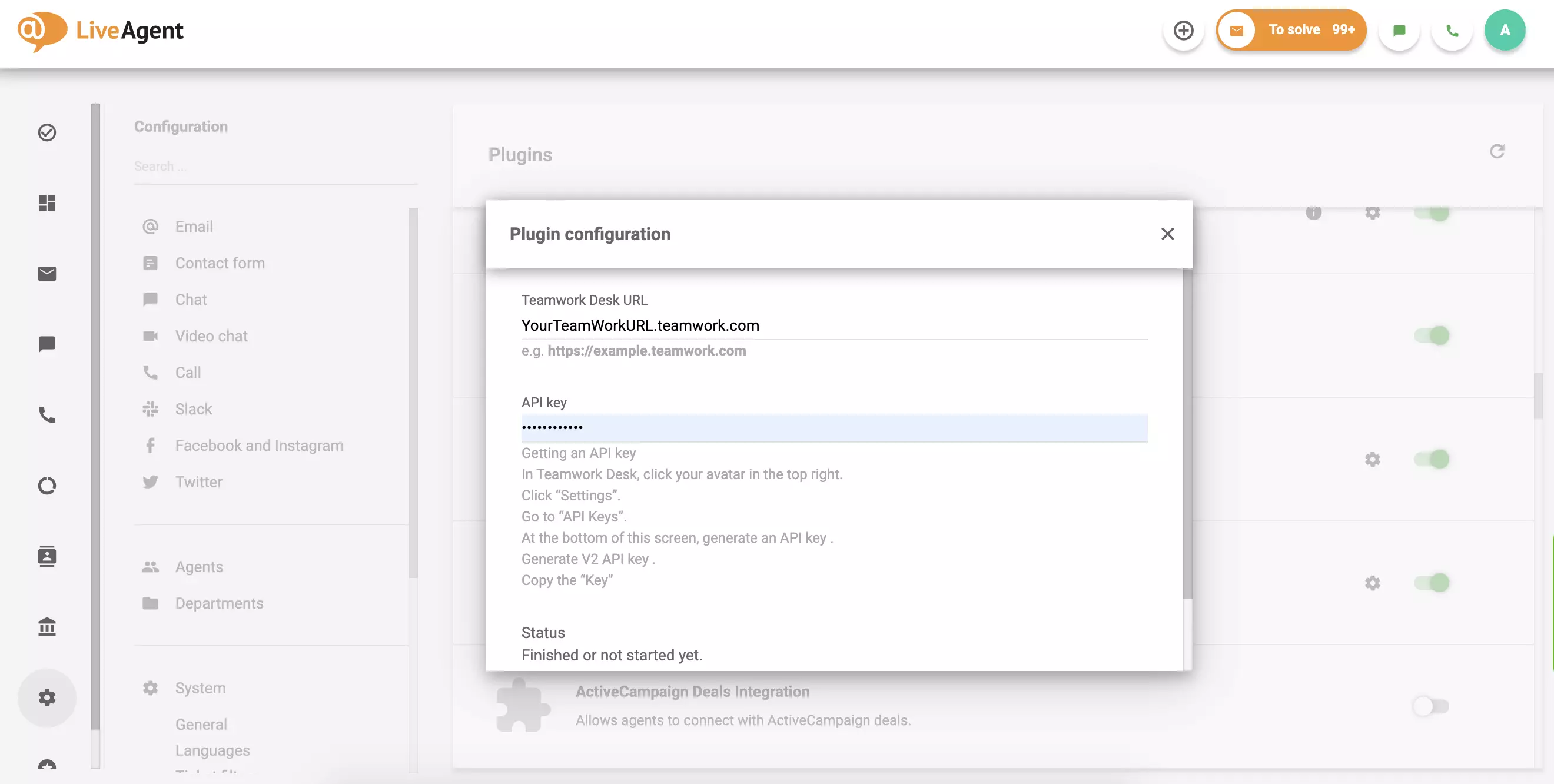 Vul uw Teamwork Desk-URL en API in en klik op Opslaan.