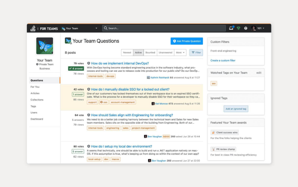 Snapshot van een kennisbank tool voorbeeld van Stack Overflow for Teams