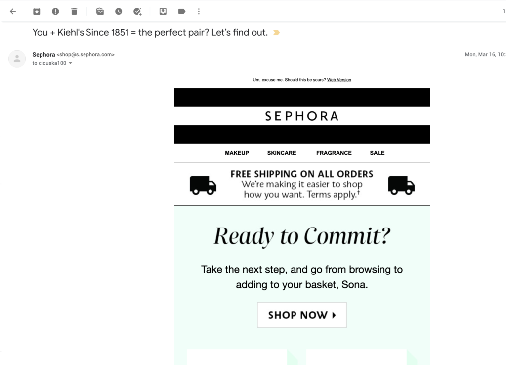 Voorbeeld van e-mail over verlaten winkelwagen door Sephora