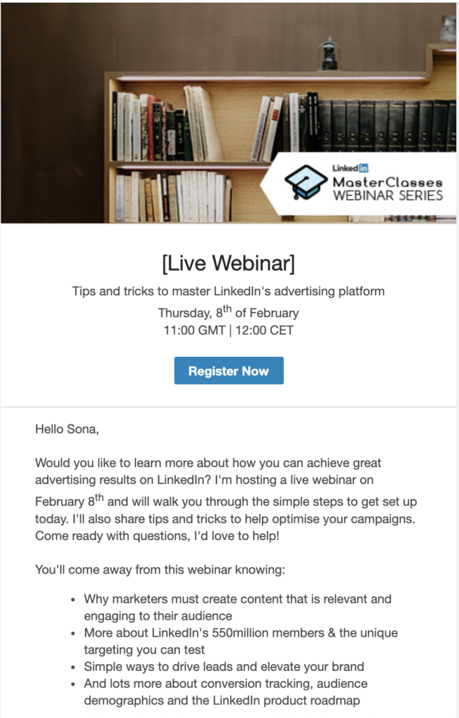 LinkedIn webinar sneak peek e-mailsjabloon