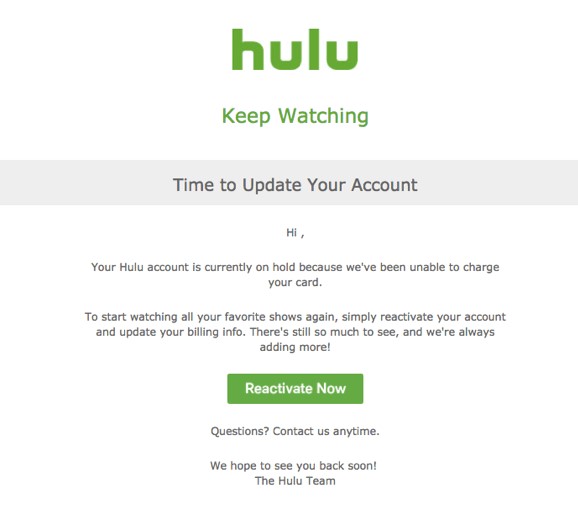 Hulu dunning e-mailvoorbeeld