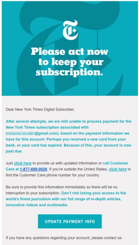 New York Times dunning e-mailvoorbeeld