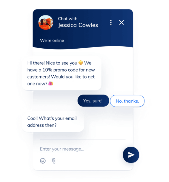 Live chat-interface biedt promotiecode en vraagt om e-mailadres gebruiker