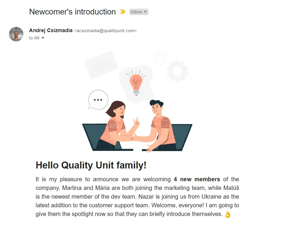 Introductie-e-mail van Quality Unit voor nieuwkomers