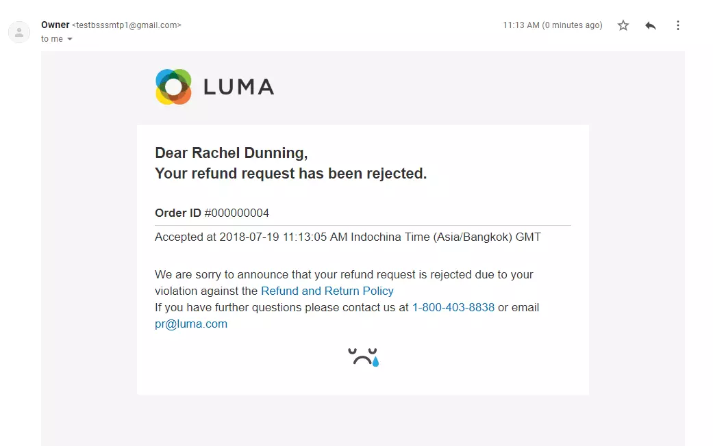 Voorbeeld van e-mail met afwijzing van terugbetalingsverzoek