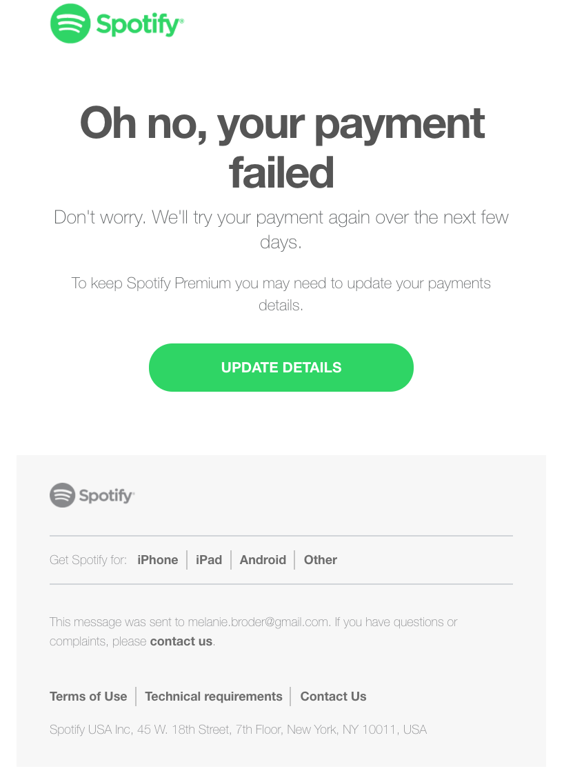 Spotify dunning e-mailvoorbeeld