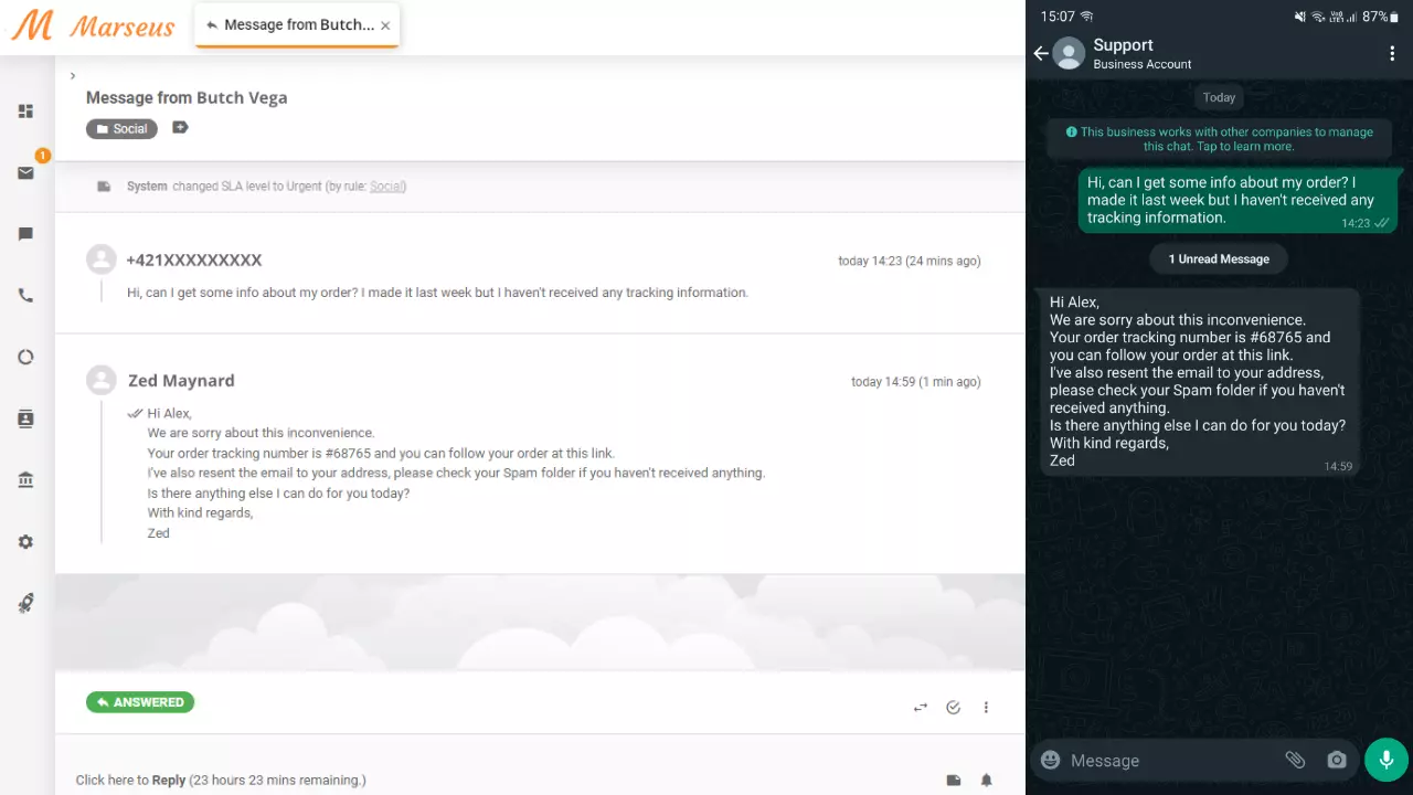 WhatsApp bericht weergegeven als ticket in LiveAgent